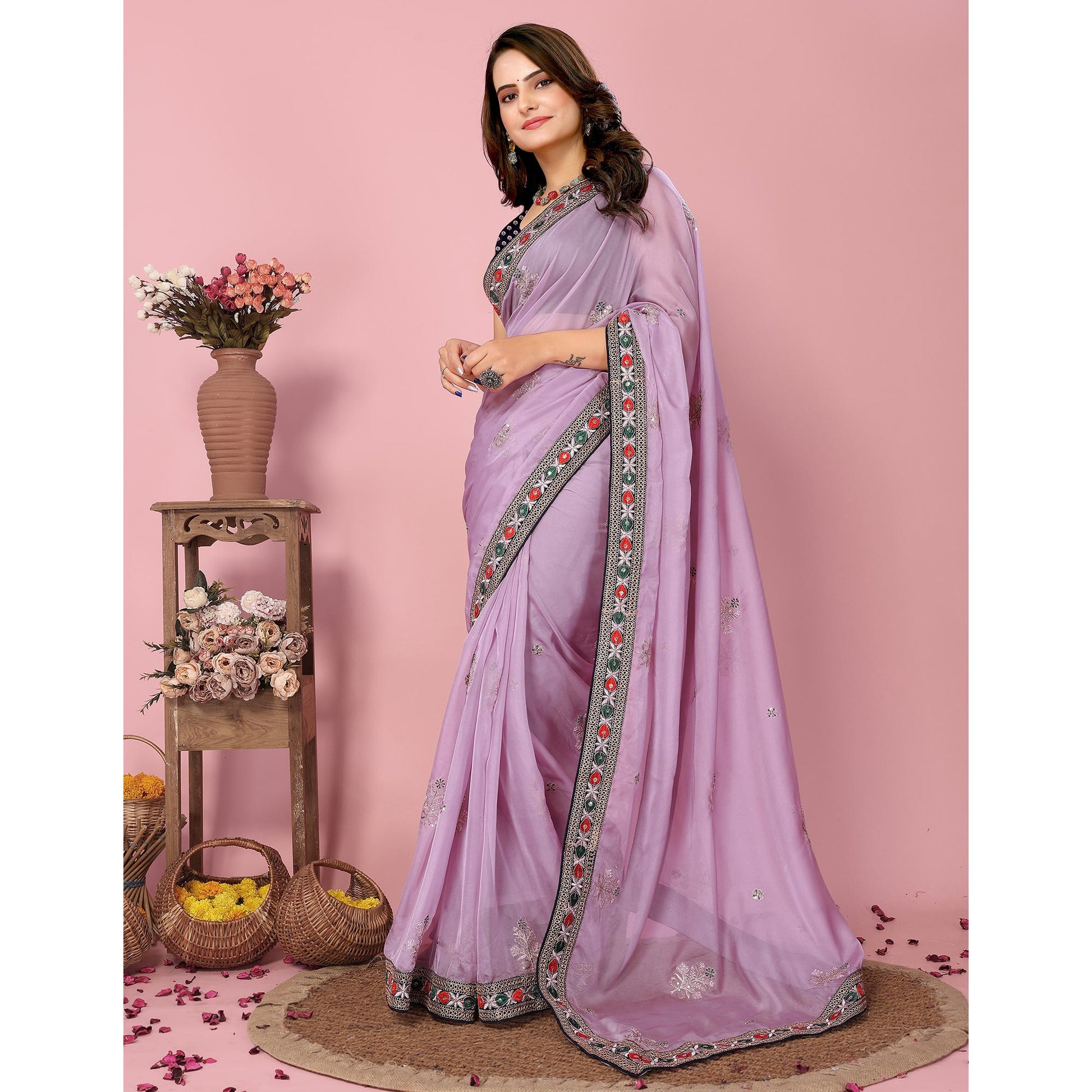 Lavender Floral Sequins Embroidered Organza Saree