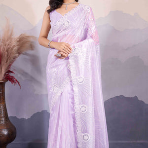 Lavender Sequins Embroidered Twill Net Saree