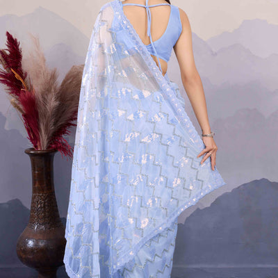 Blue Sequins Embroidered Twill Net Saree