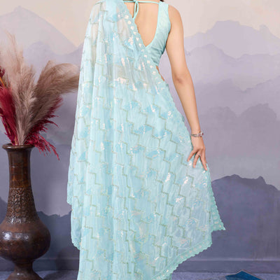 Light Turquoise Sequins Embroidered Twill Net Saree