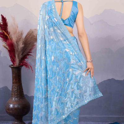 Blue Sequins Embroidered Twill Net Saree
