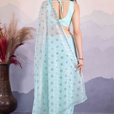 Blue Sequins Embroidered Twill Net Saree
