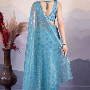 Blue Sequins Embroidered Twill Net Saree