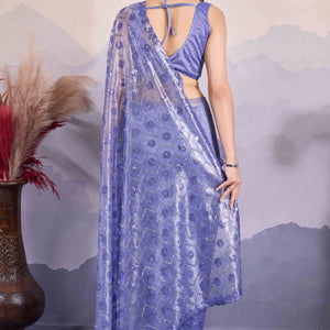 Light Slate Blue Sequins Embroidered Twill Net Saree