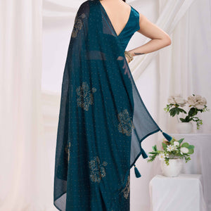 Morpich Blue Floral Swarovski Work Rangoli Art Silk Ready To Wear Saree