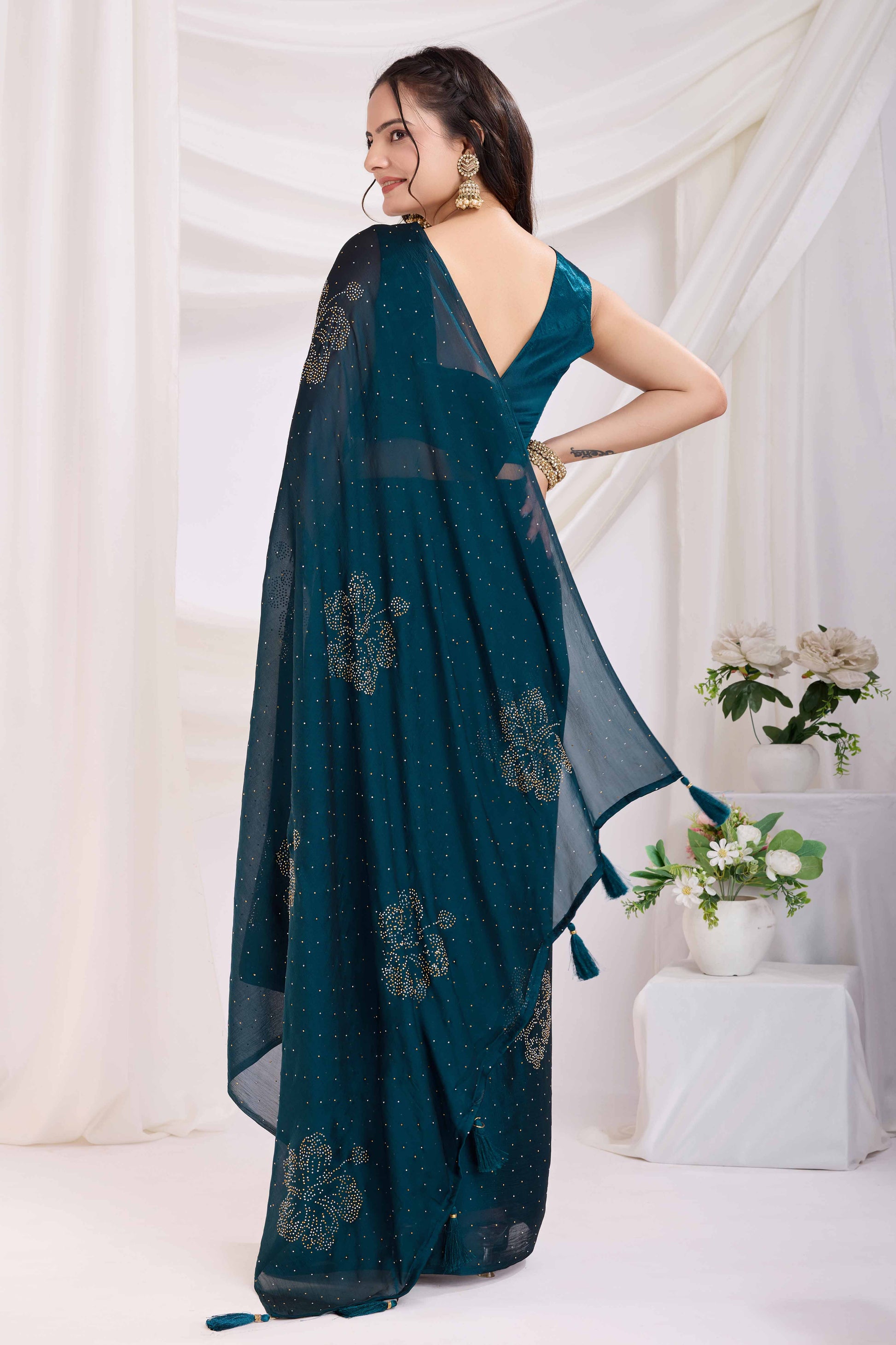 Morpich Blue Floral Swarovski Work Rangoli Art Silk Ready To Wear Saree