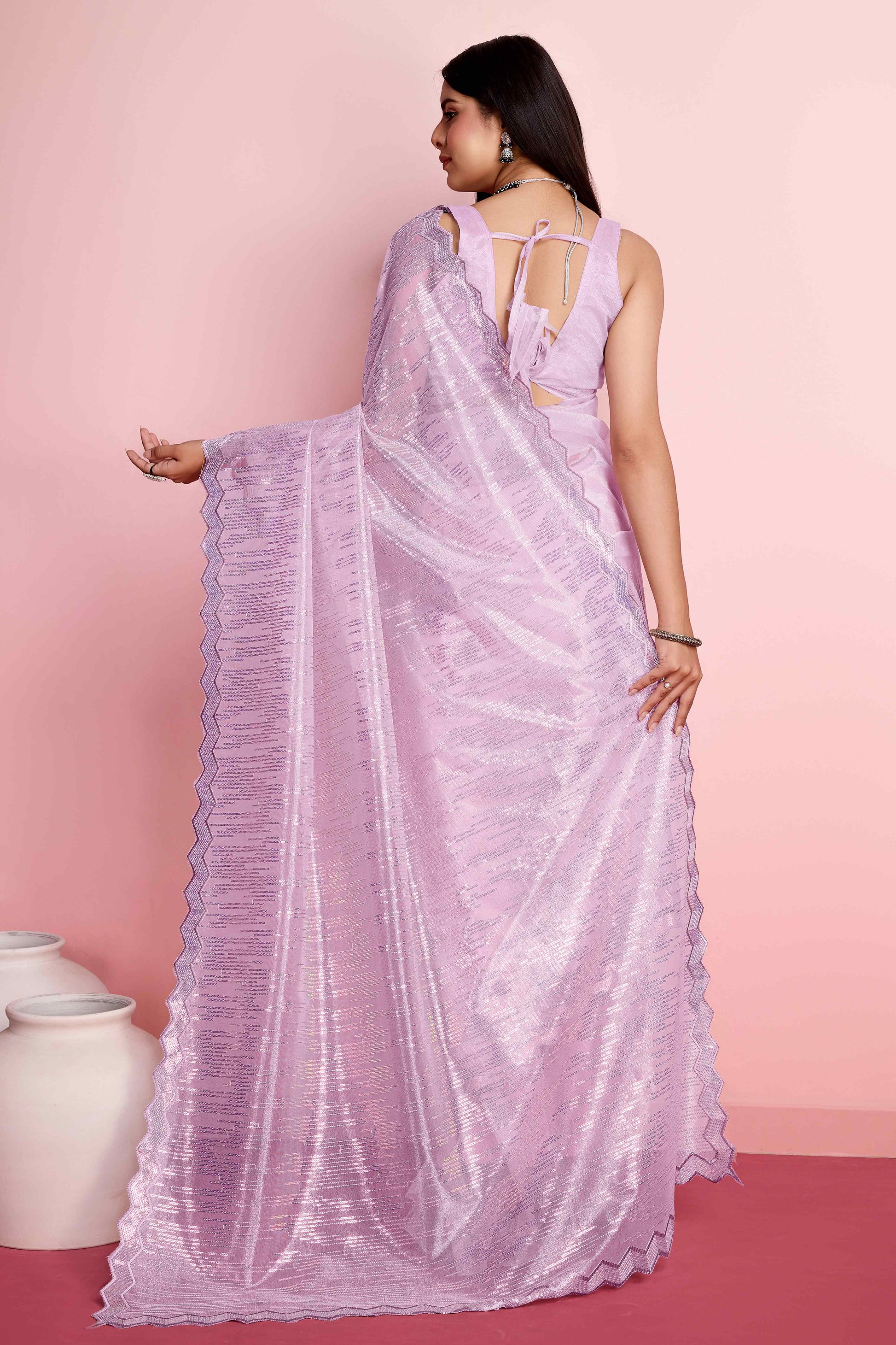 Lavender Sequins Embroidered Silver Twill Net Saree