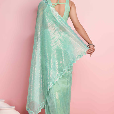 Foam Sea Green Sequins Embroidered Silver Twill Net Saree