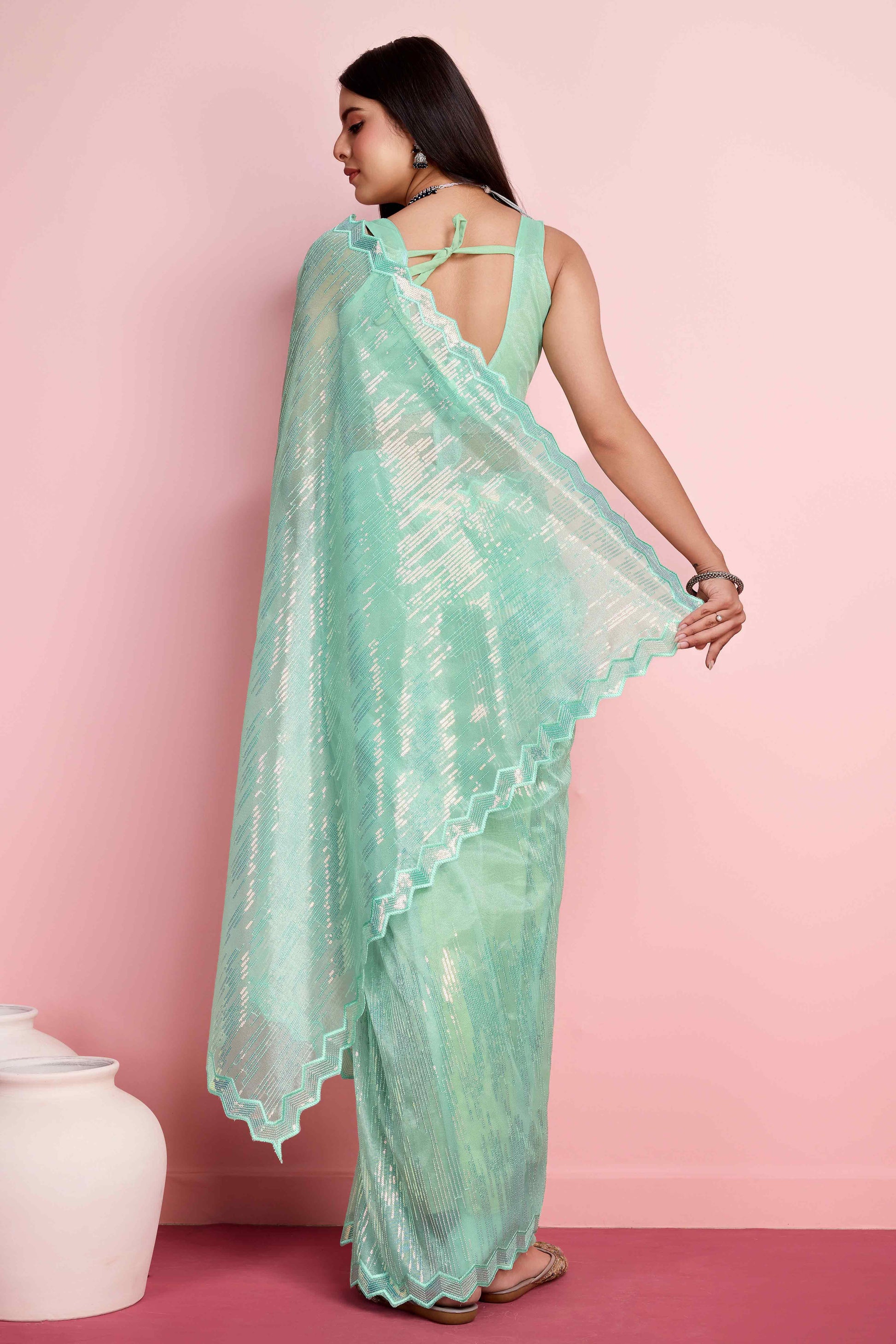 Foam Sea Green Sequins Embroidered Silver Twill Net Saree