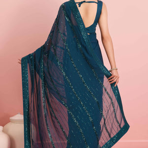 Morpich Blue Sequins Embroidered Georgette Saree