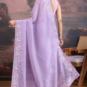 Lavender Floral Sequins Embroidered Organza Saree
