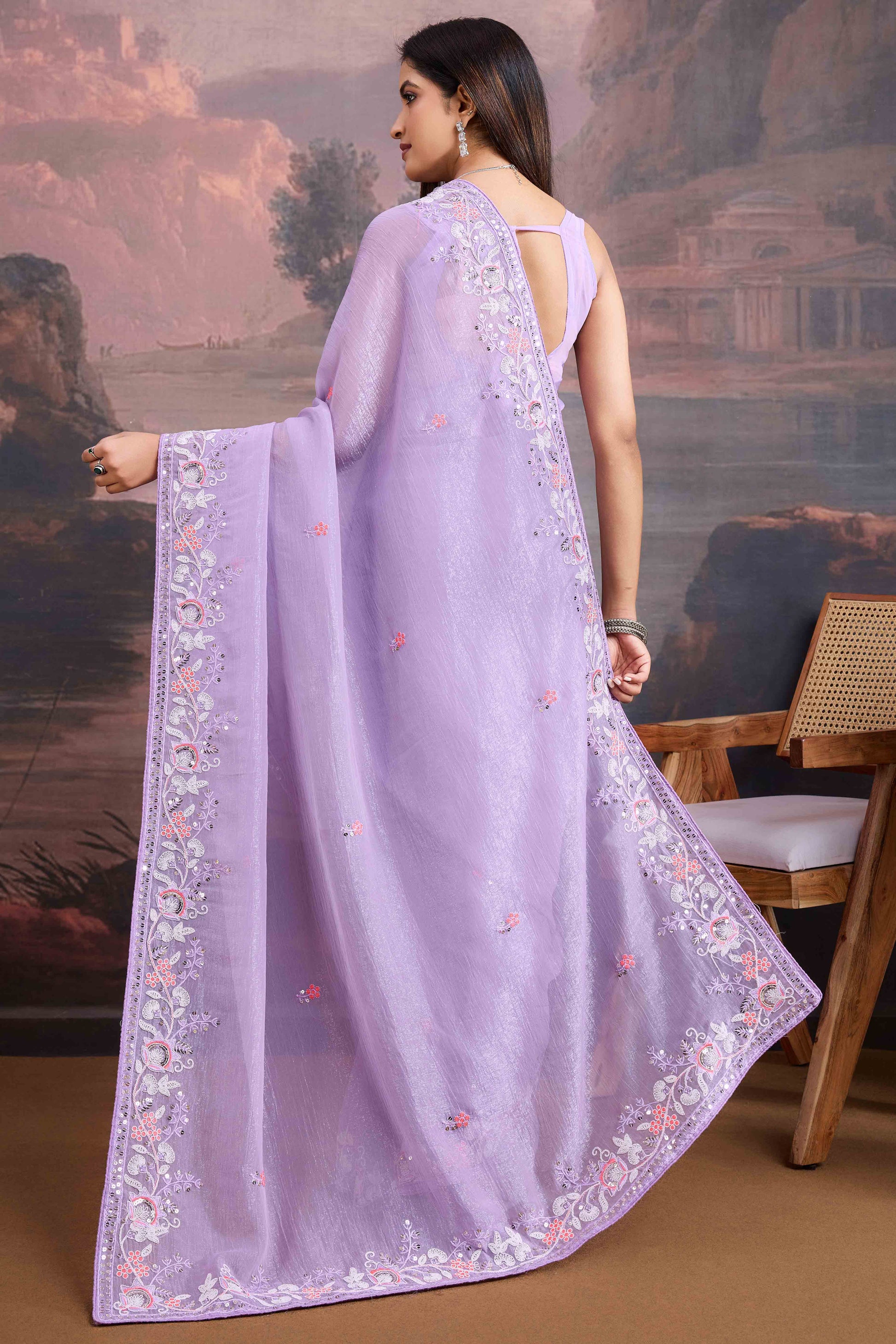 Lavender Floral Sequins Embroidered Organza Saree