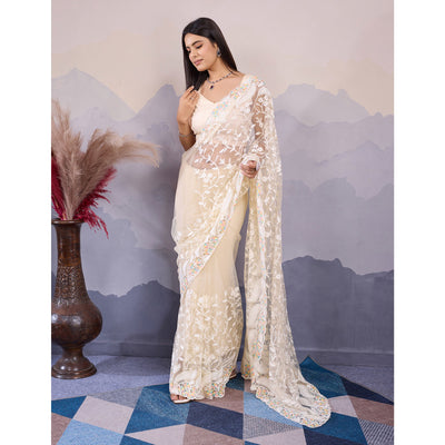 Cream Floral Thread Embroidered Net Saree