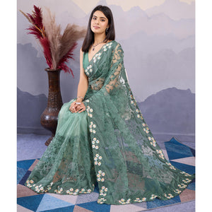 green-floral-thread-embroidered-net-saree
