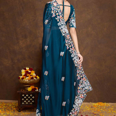 Morpich Blue Floral Sequins Embroidered Vichitra Rangoli Silk Saree