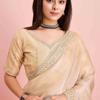 Cream Solid With Floral Sequins Embroidered Jimmy Choo Tissue Saree