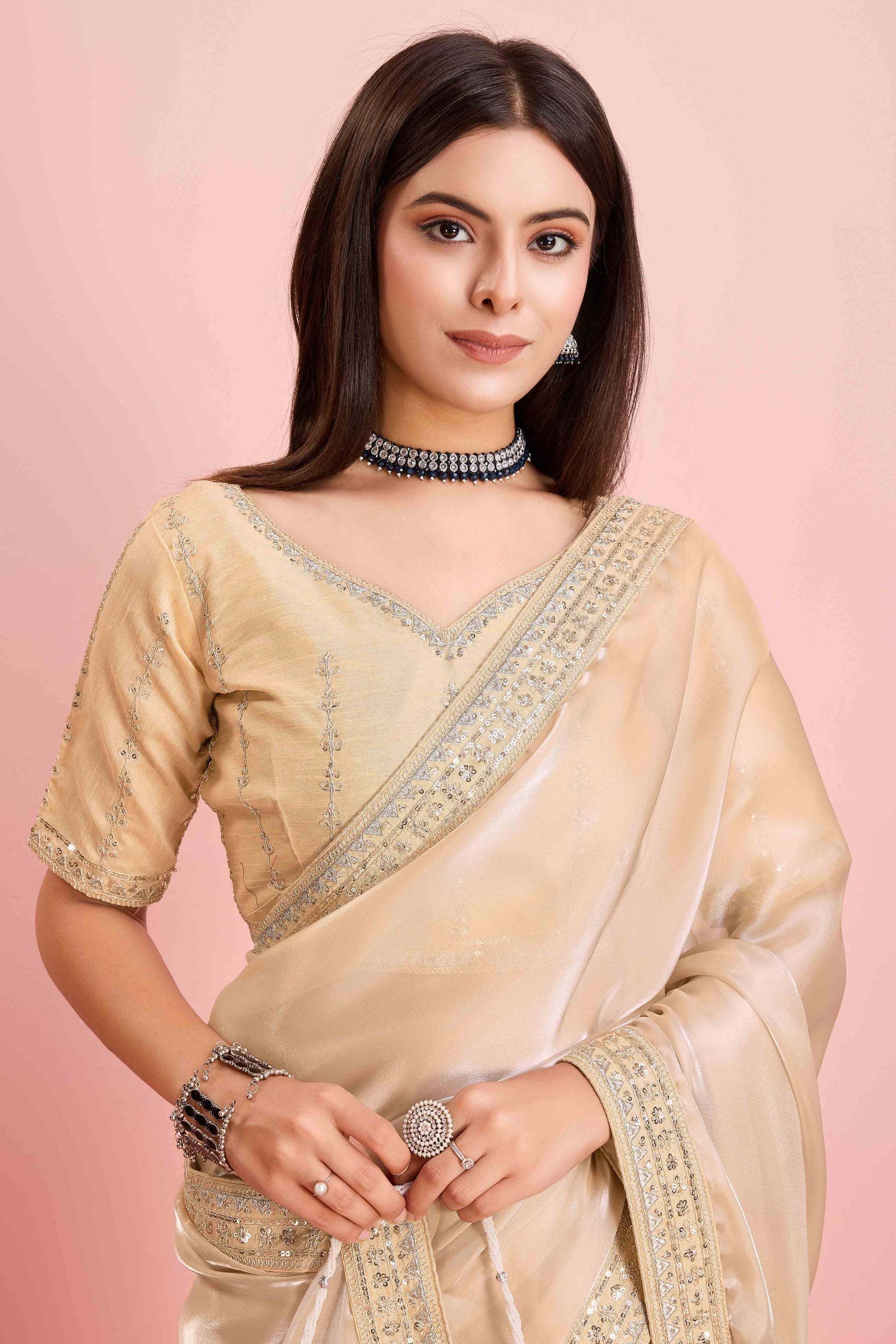 Cream Solid With Floral Sequins Embroidered Jimmy Choo Tissue Saree