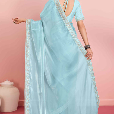 Blue Solid With Floral Sequins Embroidered Jimmy Choo Tissue Saree