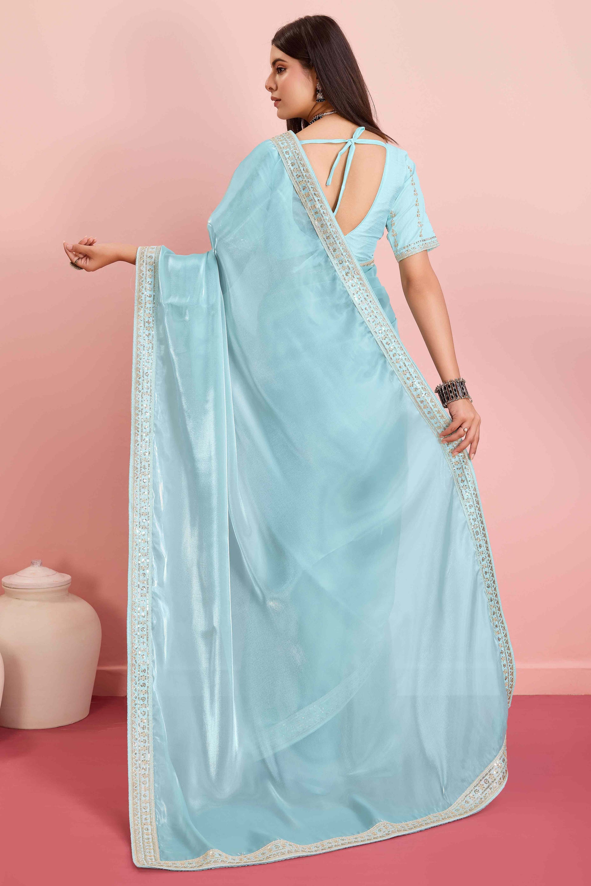 Blue Solid With Floral Sequins Embroidered Jimmy Choo Tissue Saree