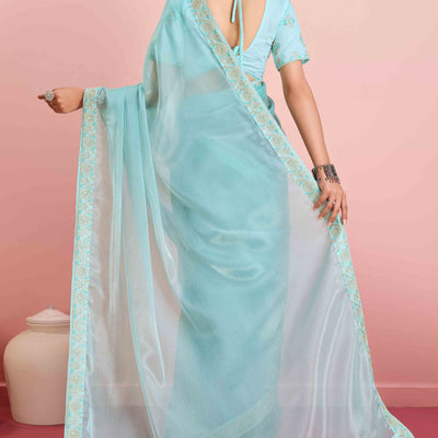 Blue Solid With Sequins Embroidery Border Mulberry Silk Saree