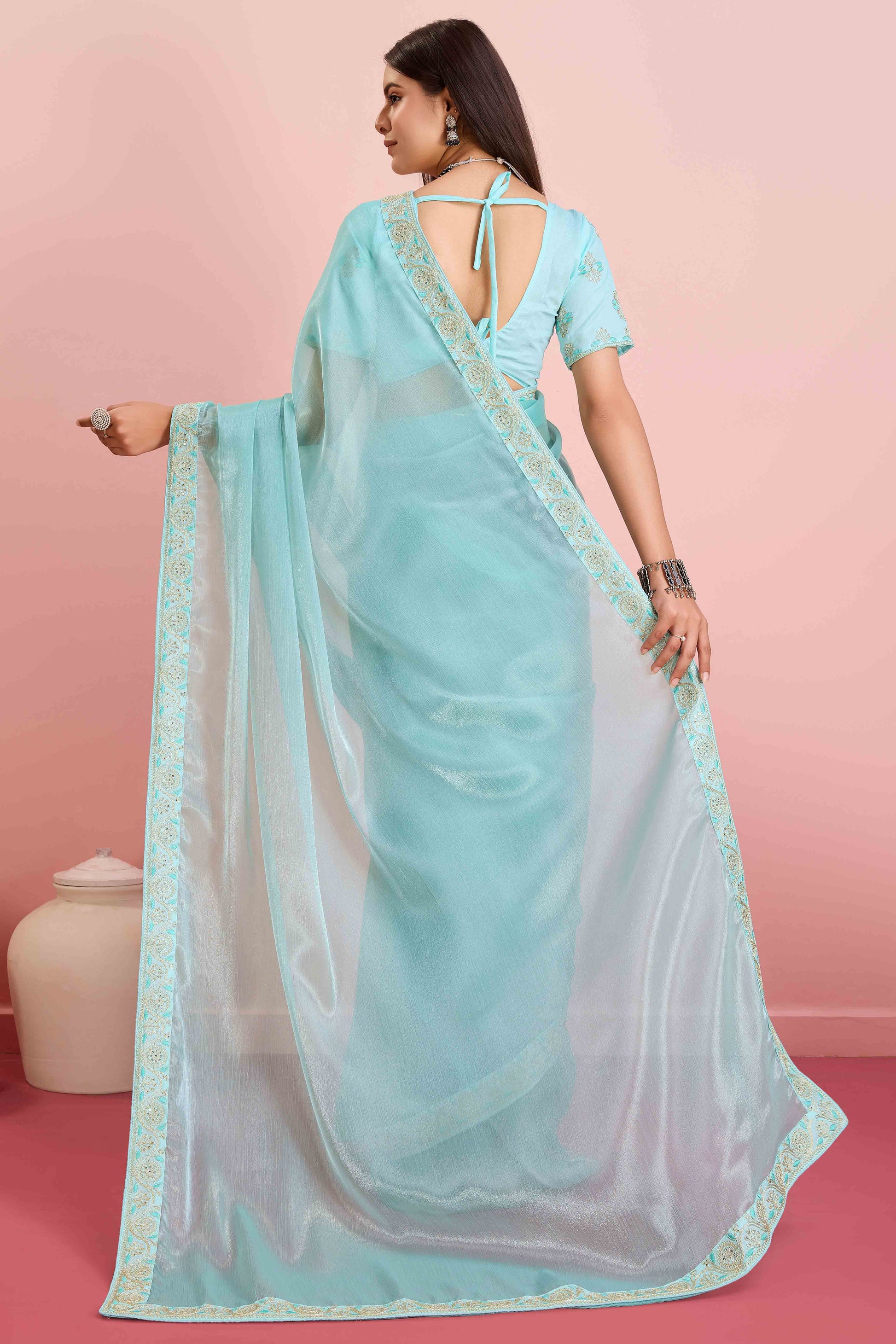 Blue Solid With Sequins Embroidery Border Mulberry Silk Saree