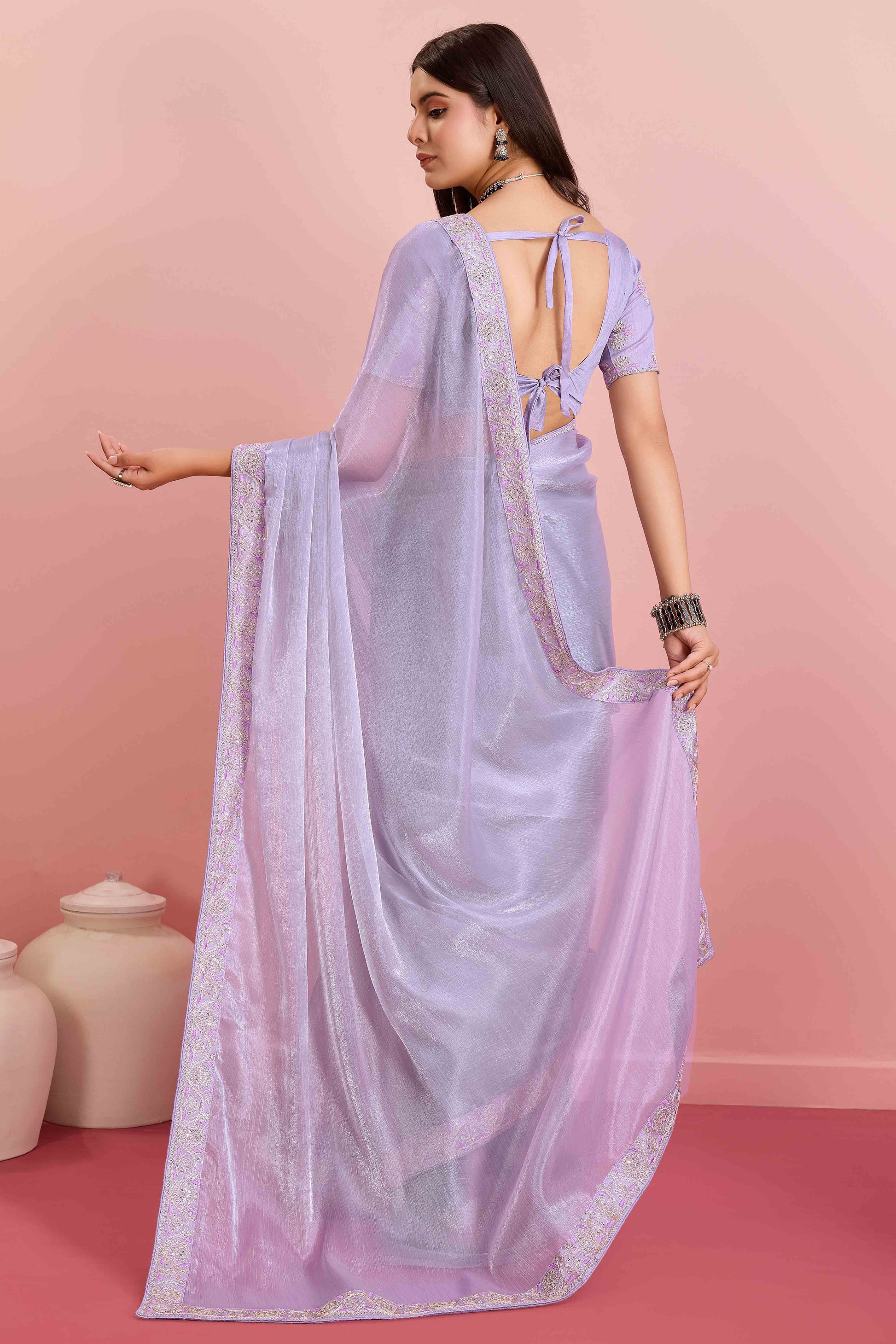 Lavender Solid With Sequins Embroidery Border Mulberry Silk Saree