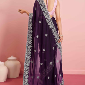 Dark Purple Floral Sequins Embroidered Georgette Saree