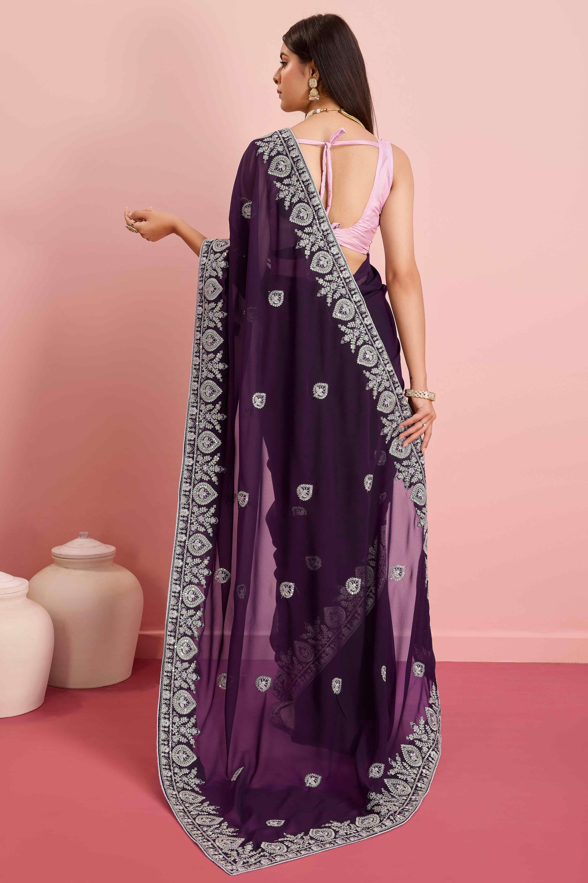 Dark Purple Floral Sequins Embroidered Georgette Saree