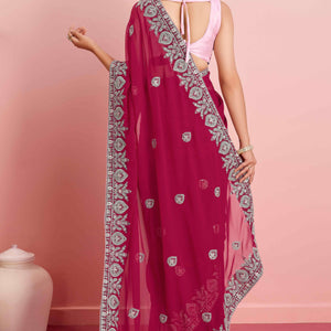 Dark Magenta Floral Sequins Embroidered Georgette Saree