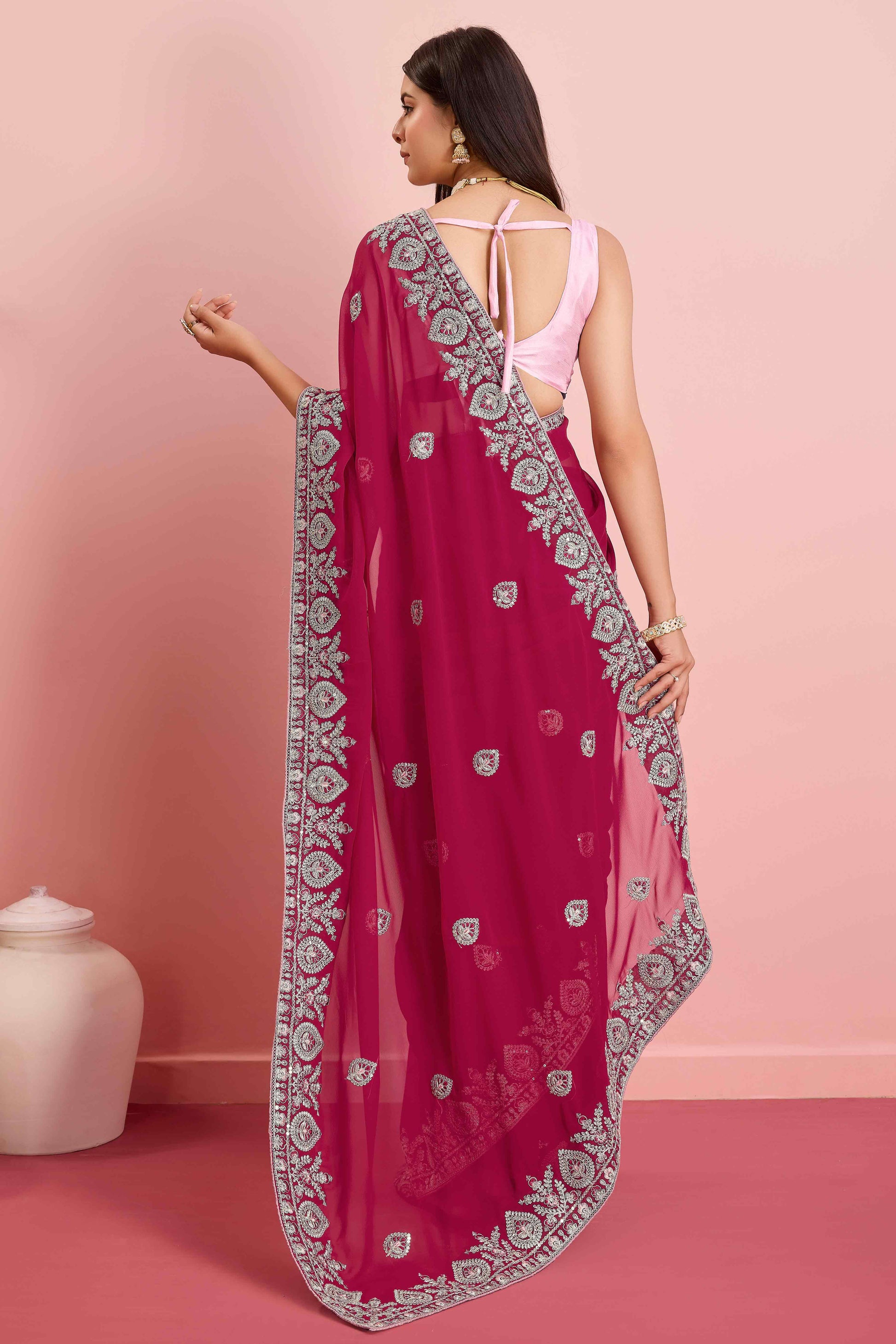 Dark Magenta Floral Sequins Embroidered Georgette Saree