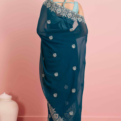 Morpich Blue Floral Sequins Embroidered Georgette Saree