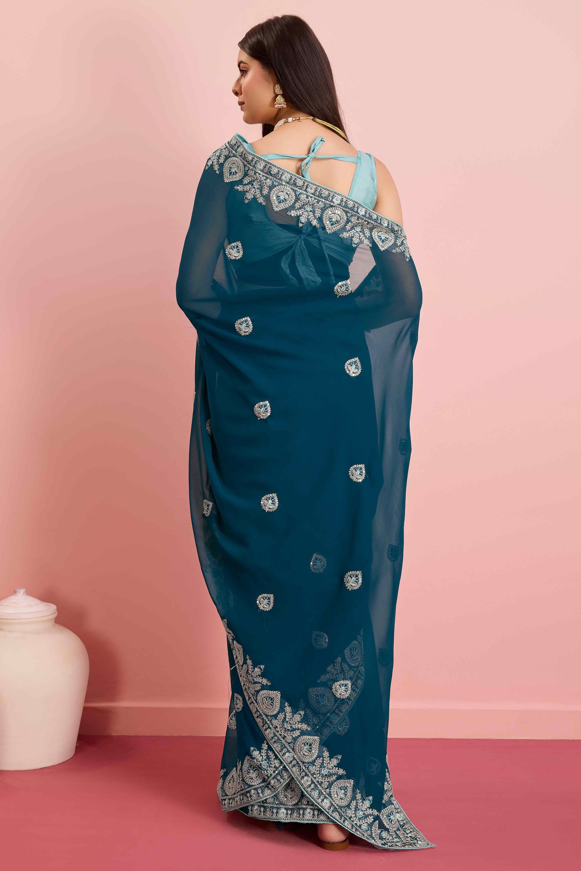 Morpich Blue Floral Sequins Embroidered Georgette Saree