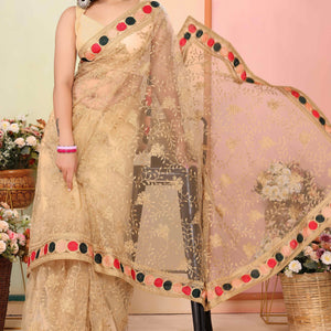 Chikoo Floral Embroidered Net Saree