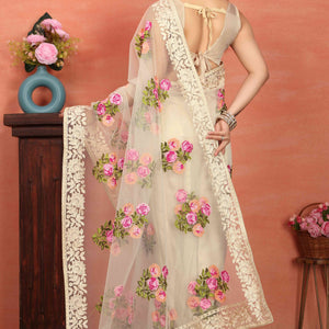 Cream Floral Embroidered Net Saree