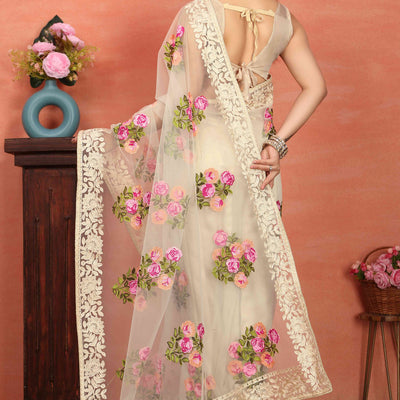 Cream Floral Embroidered Net Saree
