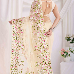 Cream Floral Embroidered Net Saree