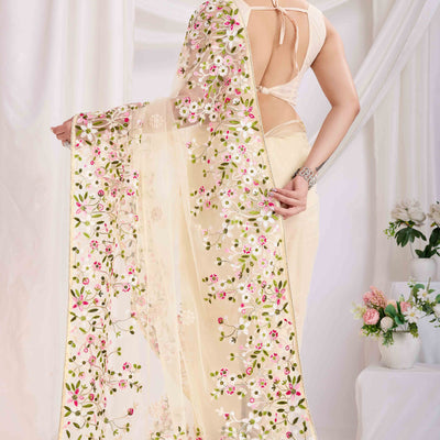 Cream Floral Embroidered Net Saree