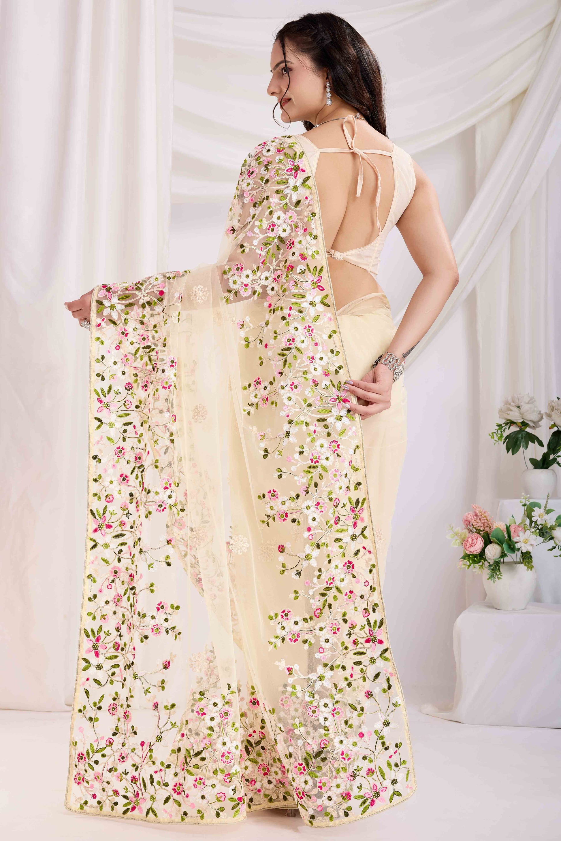 Cream Floral Embroidered Net Saree
