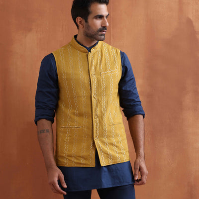trueBrowns Men's Mustard Cotton Dobby Reversible Nehru Jacket