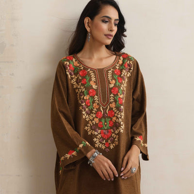 trueBrowns Brown Kashmiri Embroidered Woollen Phiran Kurta