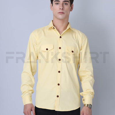 Frankshirt Double Pocket Yellow Solid Tailored Fit Cotton Casual Shirt for Man