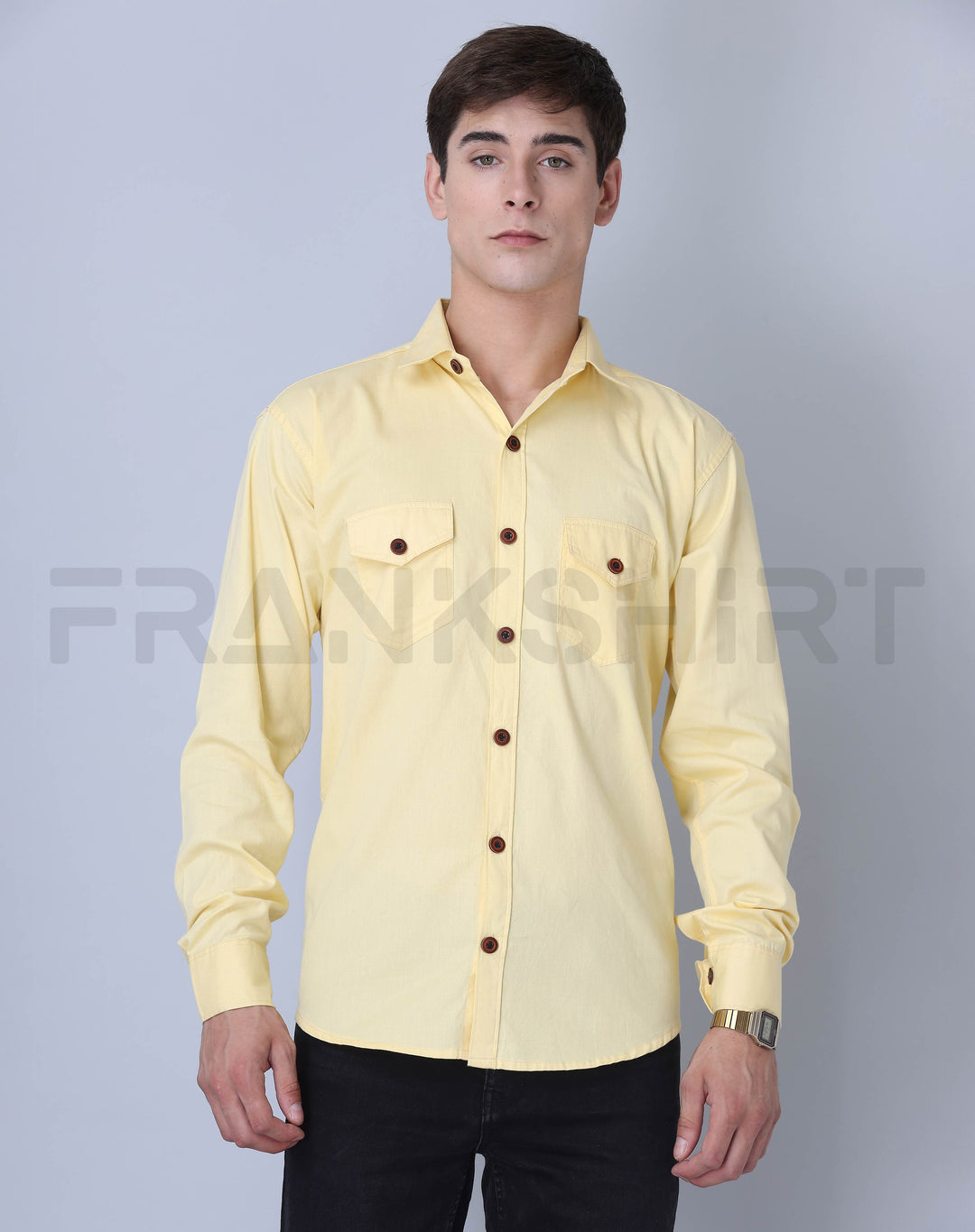 Frankshirt Double Pocket Yellow Solid Tailored Fit Cotton Casual Shirt for Man