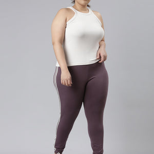 Women Purple Cotton Side Stripe Active Leggings