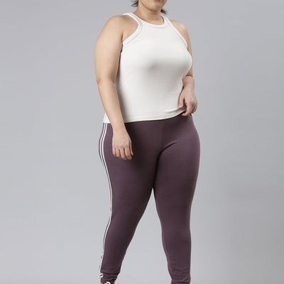 Women Purple Cotton Side Stripe Active Leggings