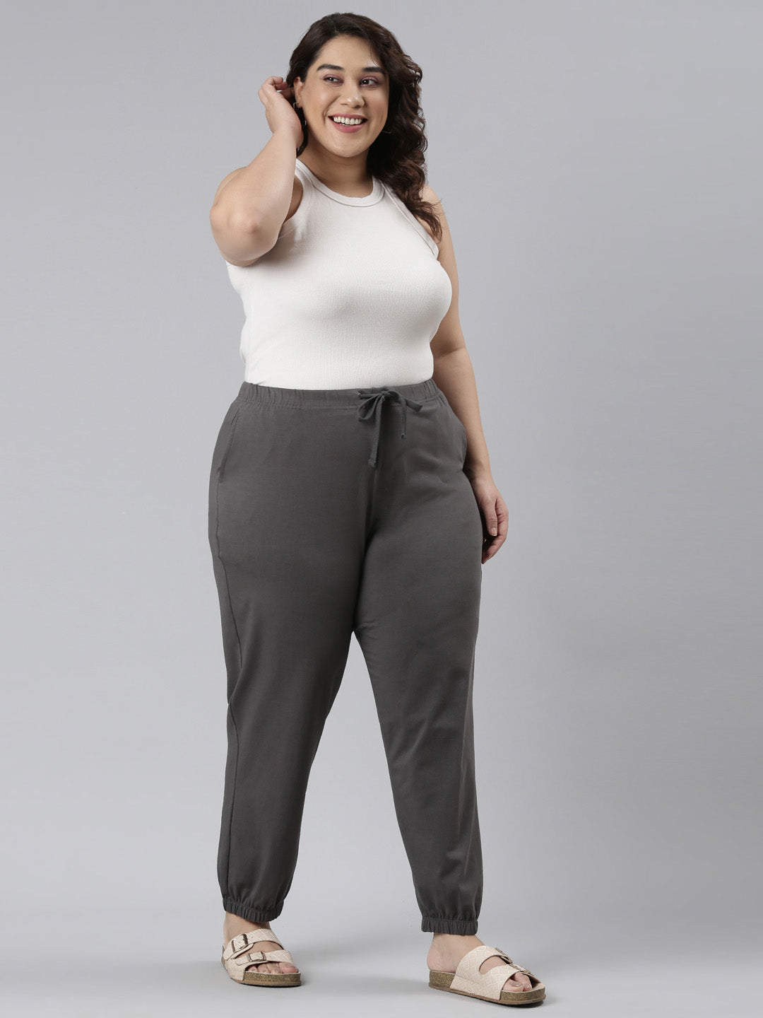 Women Solid Silver Grey Mid Rise Cotton Casual Joggers
