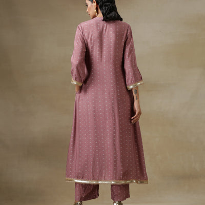 Dark Mauve Bandhani Printed Silk Front Slit Kurta Pant Set | Relove