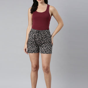Women Printed Black Mid Rise Woven Viscose Lounge Short