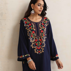 trueBrowns Blue Kashmiri Embroidered Woollen Phiran Kurta