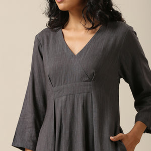 Slate Grey Slub Texture Overlap Pleat Kurta Pant Set | Relove