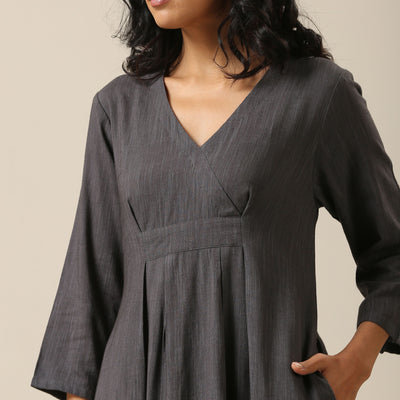Slate Grey Slub Texture Overlap Pleat Kurta Pant Set | Relove